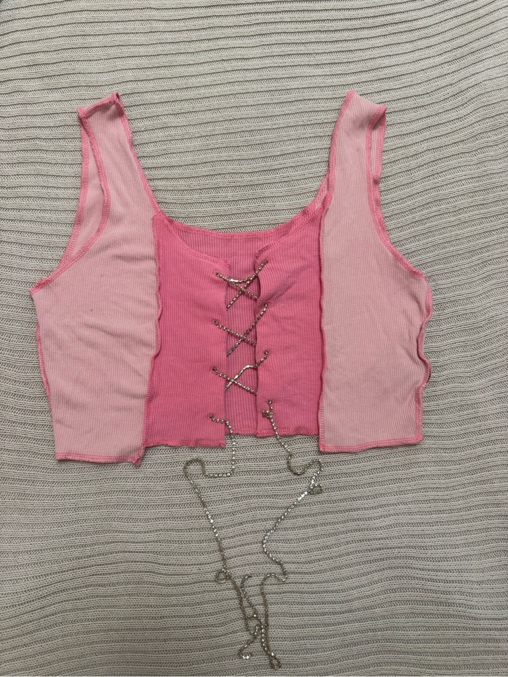 SHEIN Pink Lace-Up Ribbed Tank Crop Top